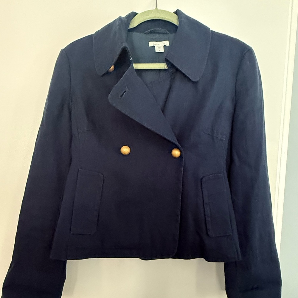 Garnet Hill Navy Linen Pea Coat with Gold Buttons
